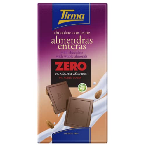 Tirma Zero Chocolate con Leche con Almendras | Chocolate con Almendras Enteras | Chocolate sin AzÃºcares AÃ±adidos | Chocolate sin Gluten | Apto para DiabÃ©ticos | 125g