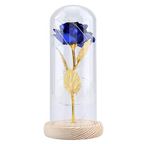 Duokon Luz LED de Flor de Rosa conservada con Cubierta de Vidrio y Base de Madera para el cumpleaÃ±os de Valentines'Day CumpleaÃ±os de Navidad Aniversario (Azul)