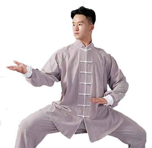 PengGengA Unisex Hebilla Kung Fu Tai Chi Ropa Artes Marciales Collar De Pie ChÃ¡ndales Tops+Pantalones Gris Blanco XL