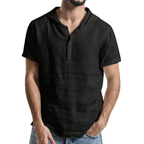 Camisetas con Capucha Rebajas Yvelands Verano de Hombre Baggy AlgodÃ³n de Lino SOID Color Tops de Manga Corta Camisa de Trabajo(Negro,L)