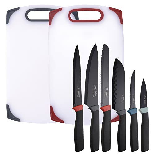 Set 2 tablas de corte y 6 cuchillos de cocina Infinity Chefs Essence: 1 Chef, 1 Santoku, 1 fileteador, 1 para el pan, 1 cuchillo pelador, y 1 cuchillo dentado para carne.