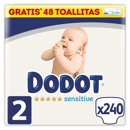 Dodot Pañales Bebé Sensitive Talla 2 (4-8 kg), 240 Pañales, Óptima Protección de la Piel de Dodot, Pack Mensual