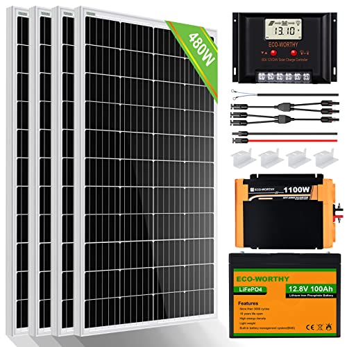 ECO-WORTHY 480W 24V 2KWh/dÃ­a Kit Solar con Bateria Litio Sistema Completo para:4pcs 120W Panel Solar Monocristalino + 1 100AH Bateria 12v Litio + 60A Controlador Solar + 1100W Inversor
