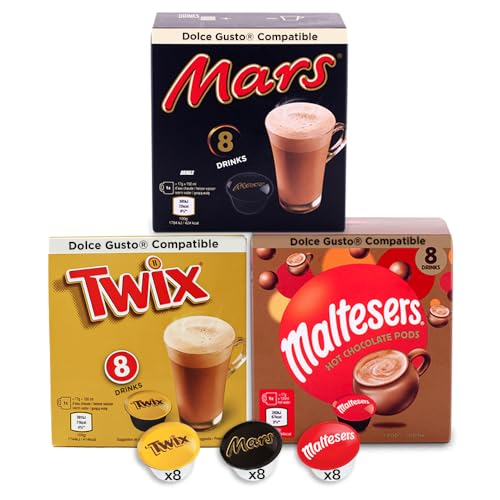 24 - Dolce Gusto Compatibles Cacao CÃ¡psulas - Hot Chocolate Pod - Mars, Twix, Maltesers (8 cada uno)